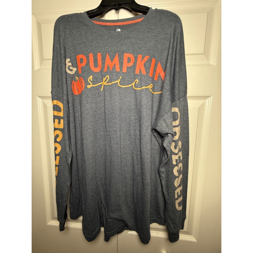 Marleylilly Pumpkin Spice Obsessed Blessed Long Sleeve Graphic Tee Grey‎ L/XL
